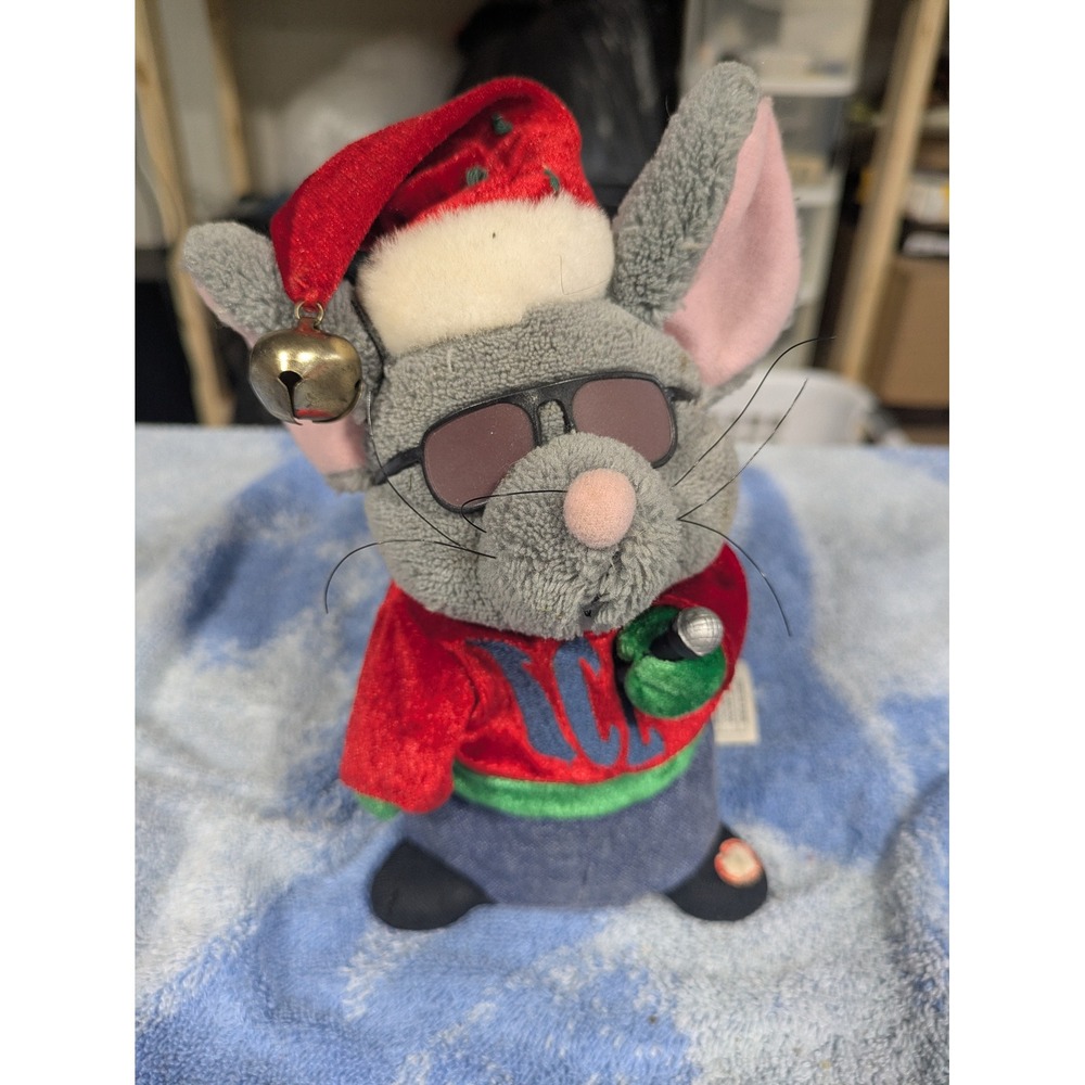 Vintage Gemmy Christmas Mouse Animated Plush Santa Hat Sunglasses Ice Sweater